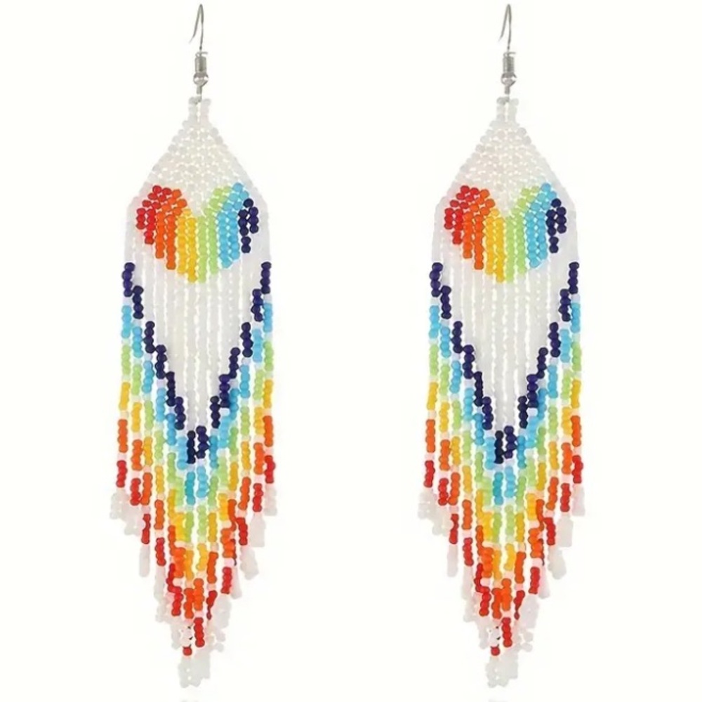 Rainbow Heart Boho Seed Bead Fringe Earrings